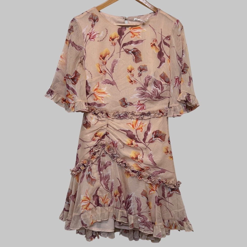 Here Comes The Sun Leona Half Sleeve Dress M Beige Frill Trim Floral Feminine